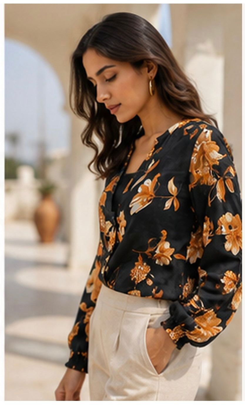 Noir Marigold Satin Wrap Top