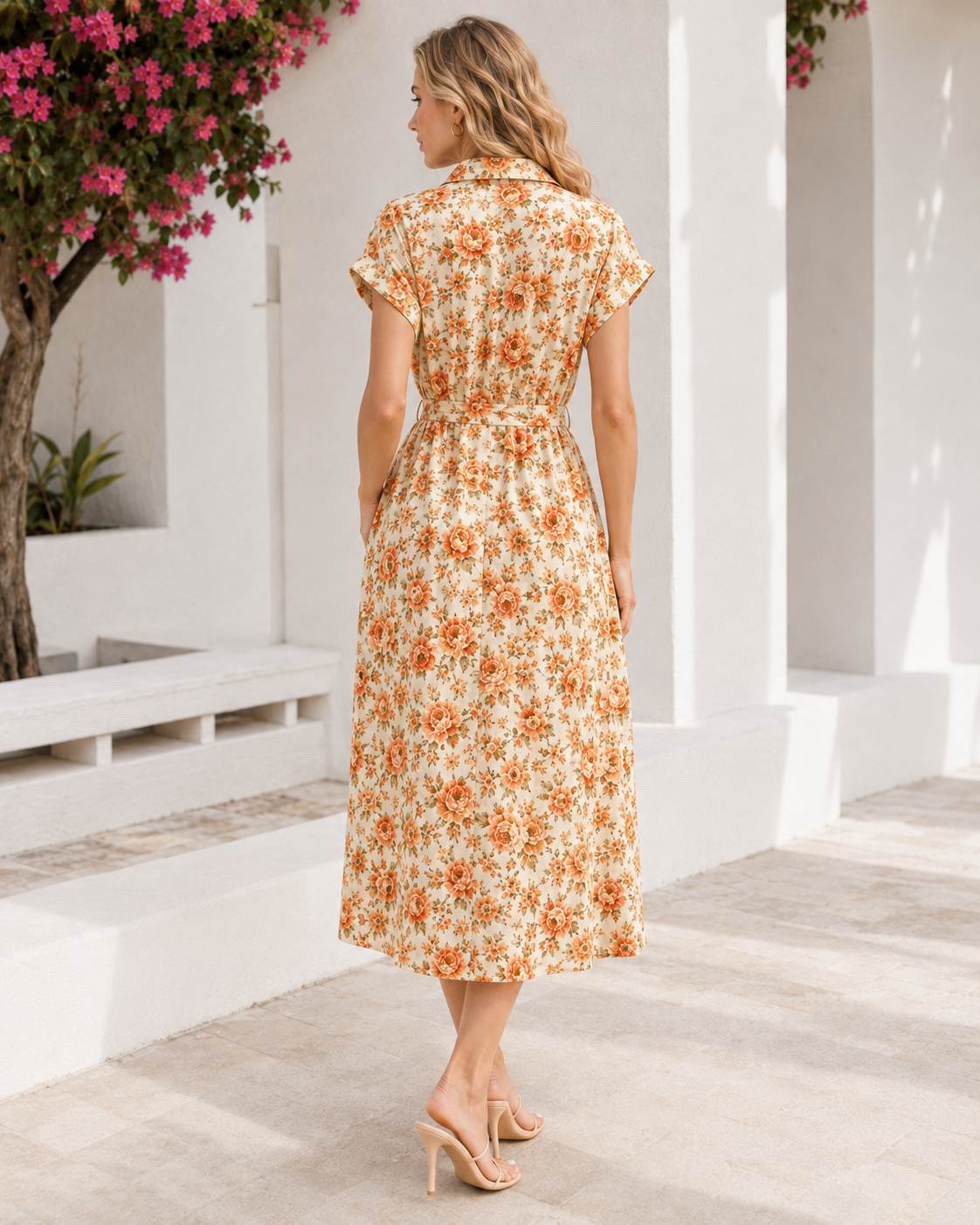 Sunset Rose Floral Belted Midi Shirt Dress