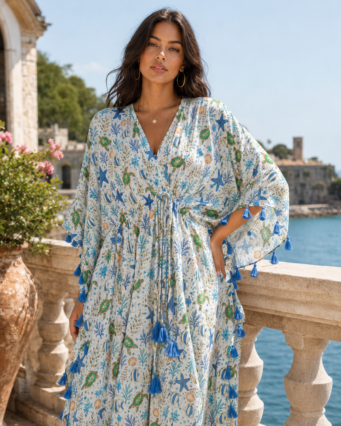Coastal Turtle Garden Midi Kimono Cover-Up