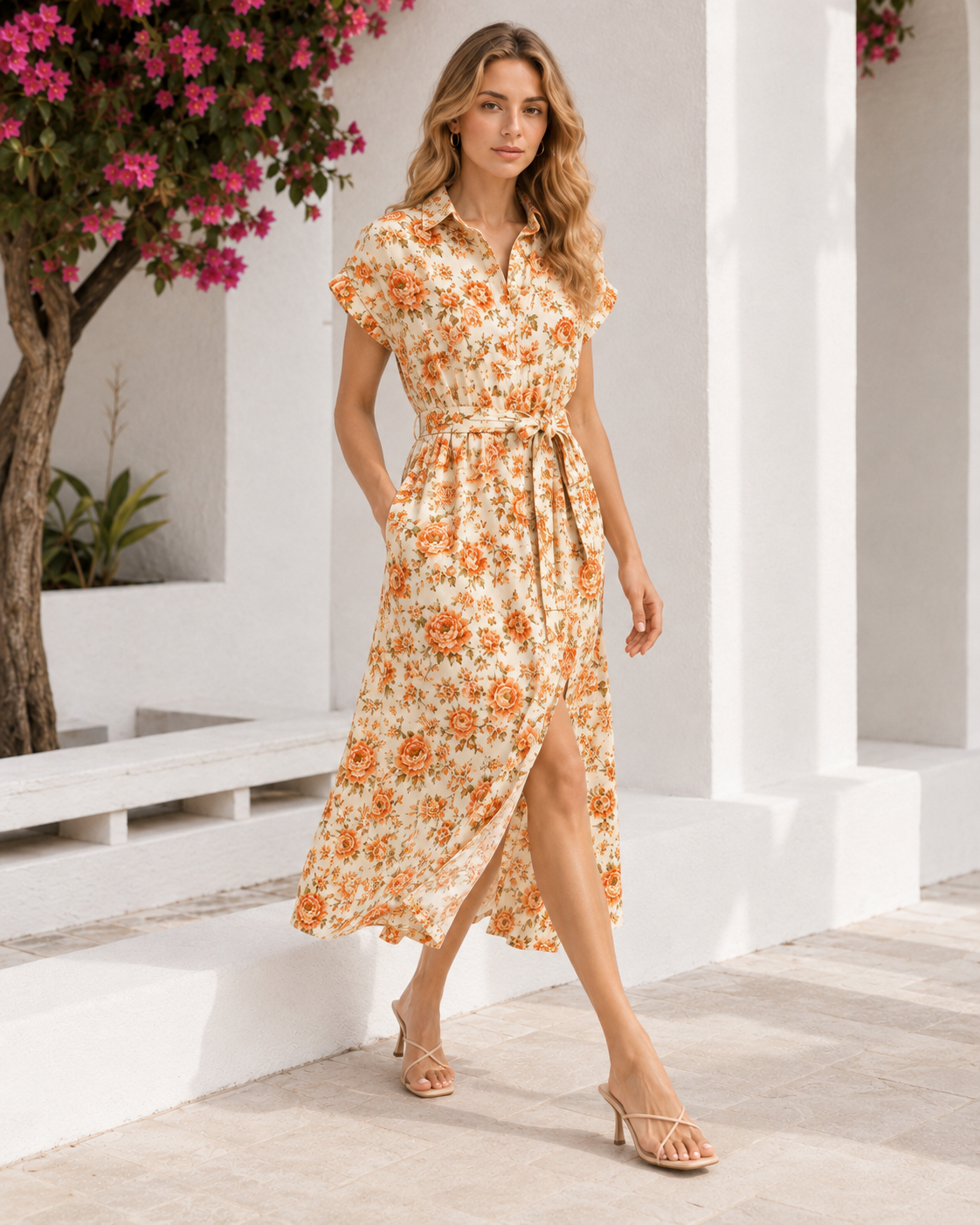Sunset Rose Floral Belted Midi Shirt Dress