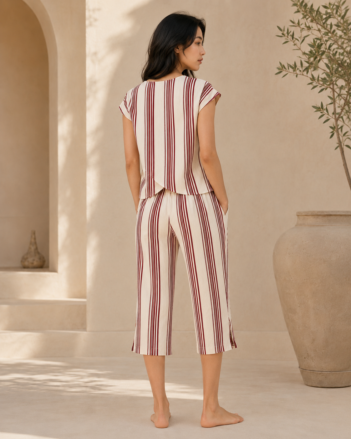 Riviera Burgundy Stripe Cotton Crop Top & Culotte Co-ord Set