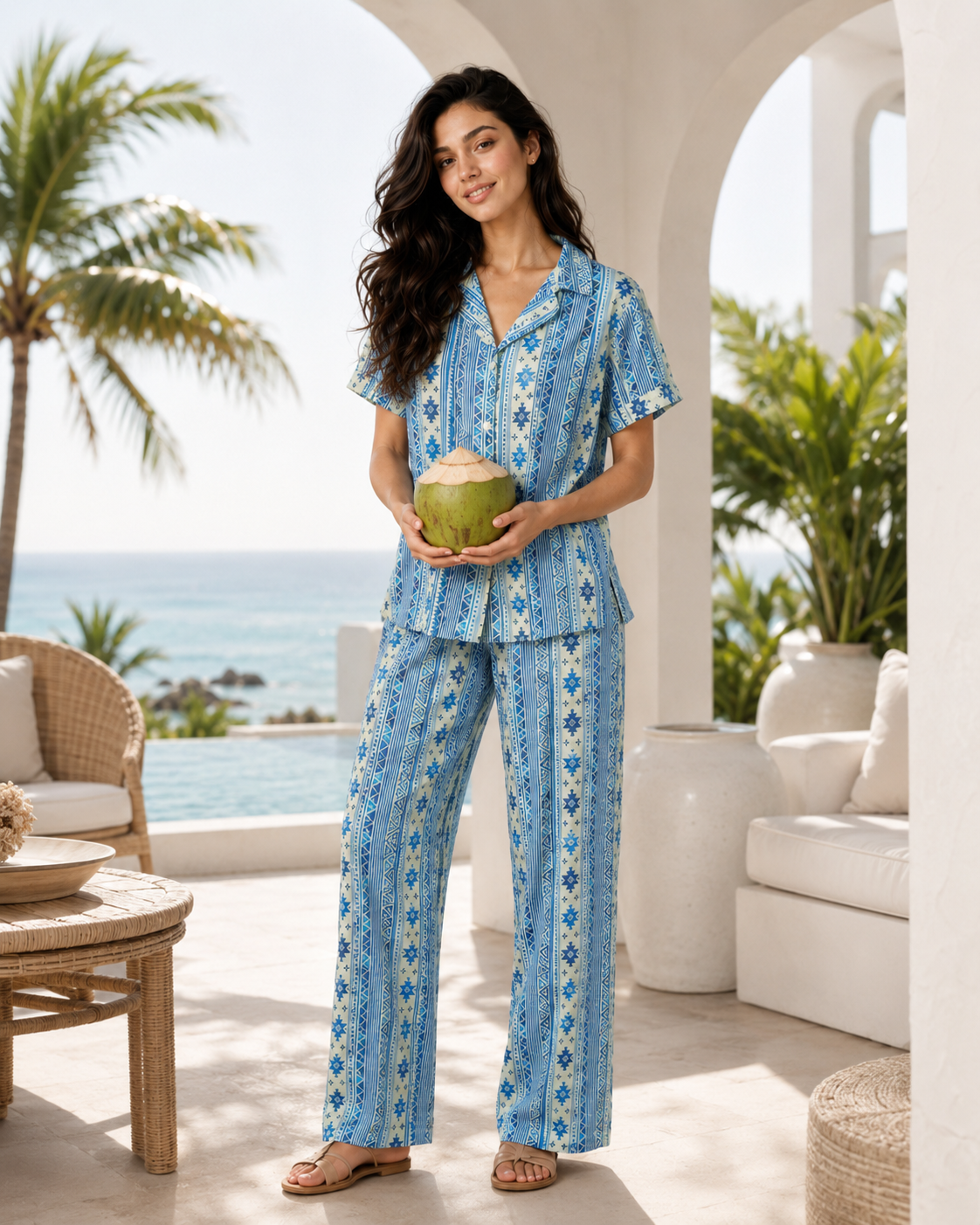 Azure Geo Stripe Cotton Pajama Set