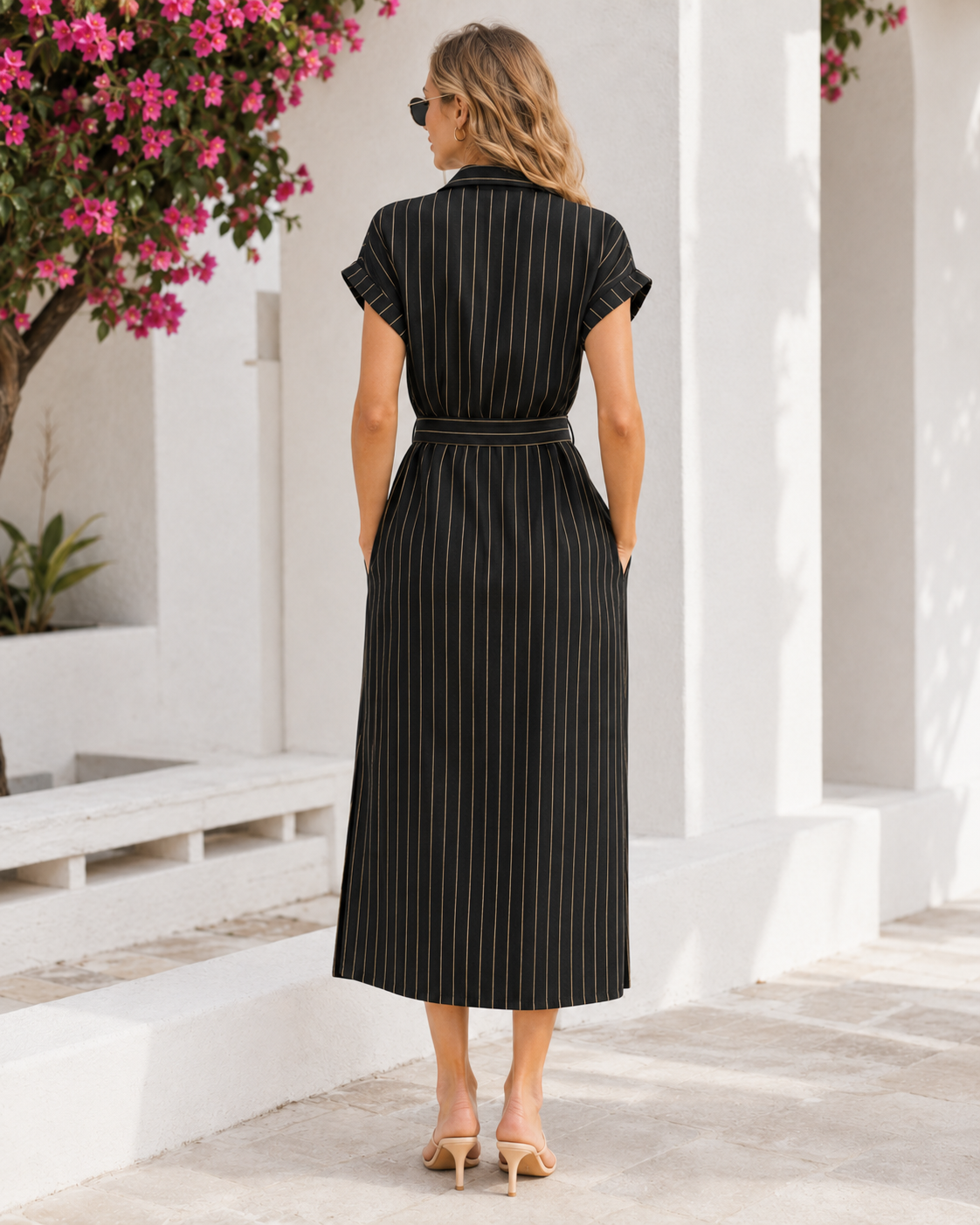 Noir Gold Pinstripe Belted Midi Shirt Dress