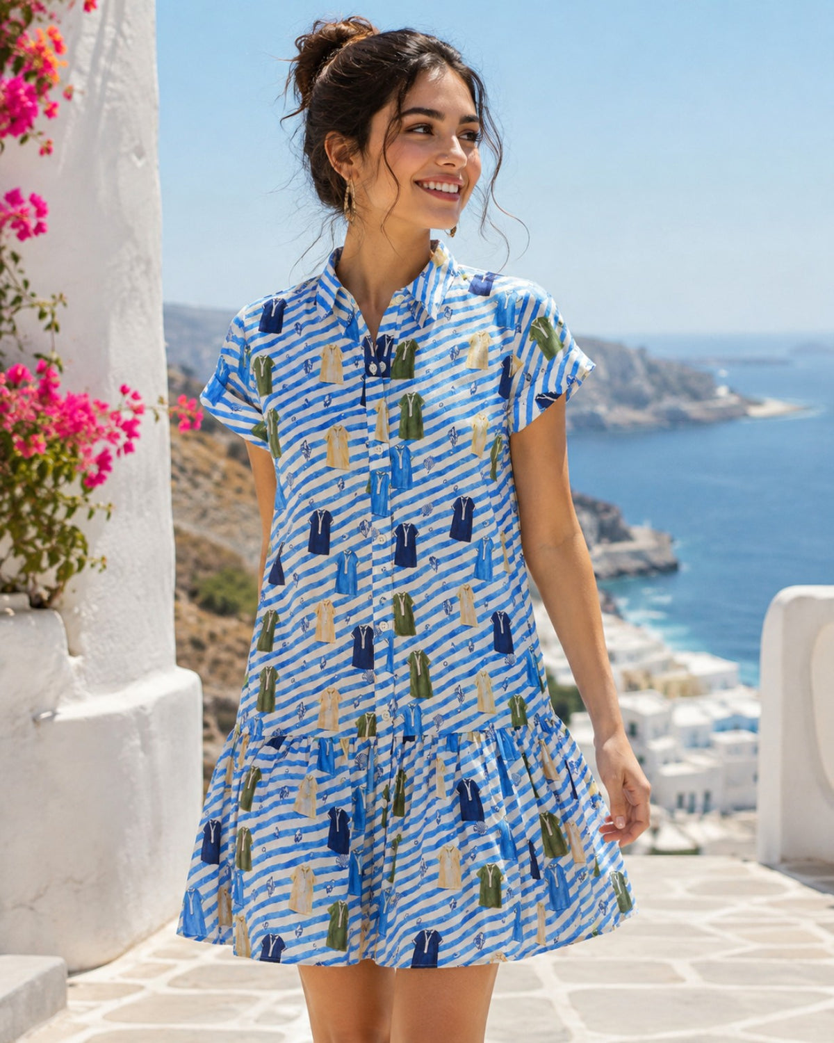 Riviera Stripe Tiered Cotton Shirt Dress