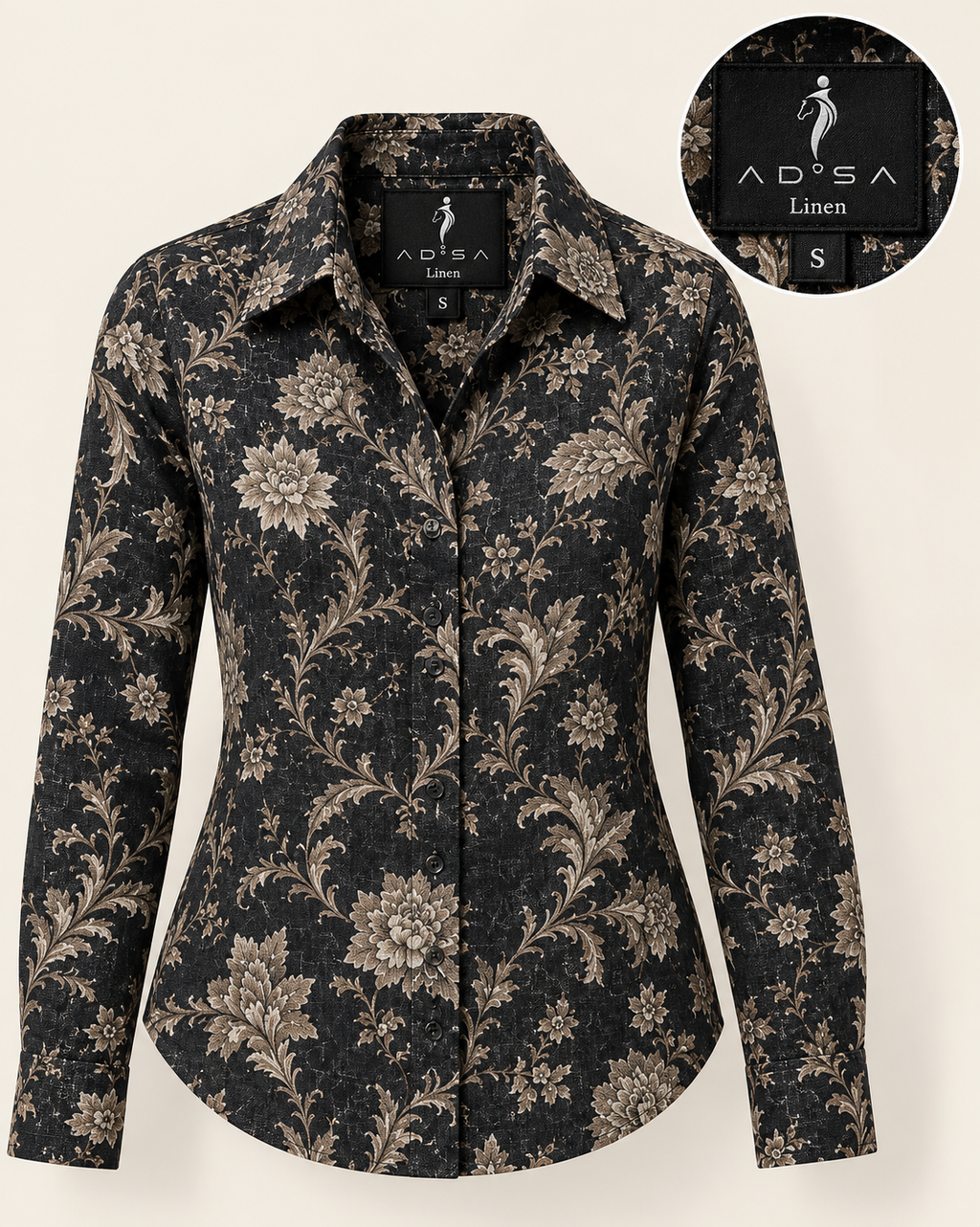 AD°SA 40 Lea Pure Linen Floral Shirt — Black & Beige
