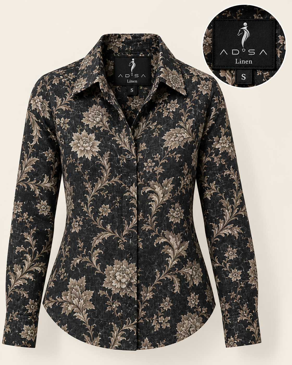 AD°SA 40 Lea Pure Linen Floral Shirt — Black & Beige