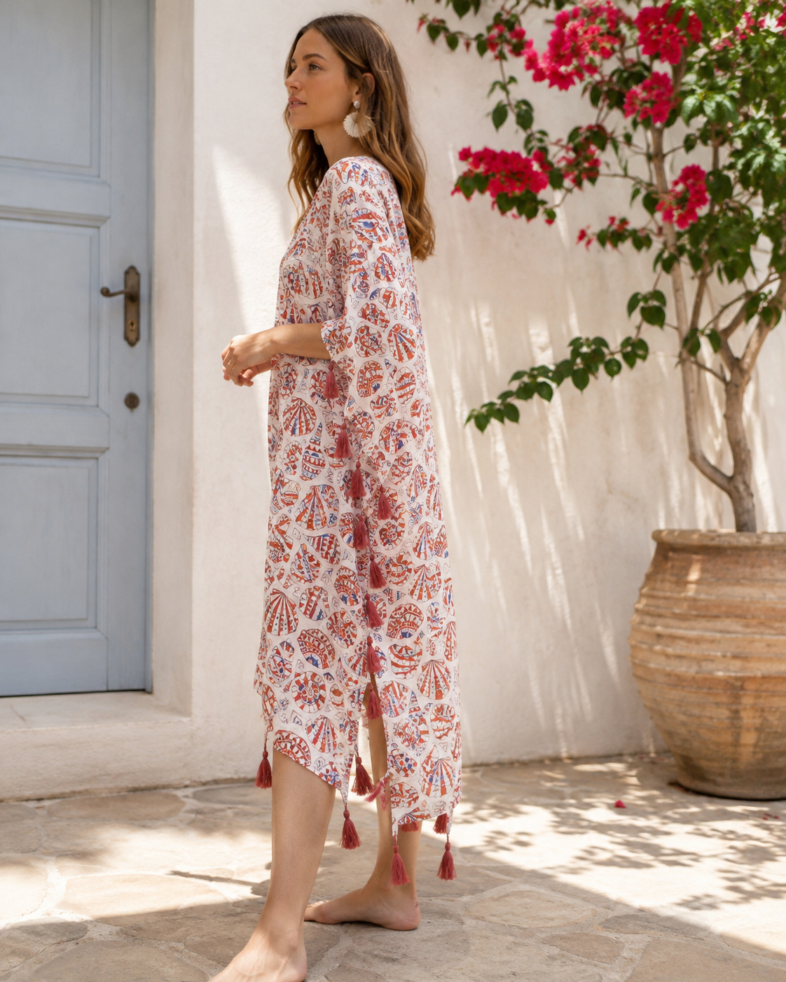Mediterranean Shell Midi Kimono Cover-Up – Terracotta Combo