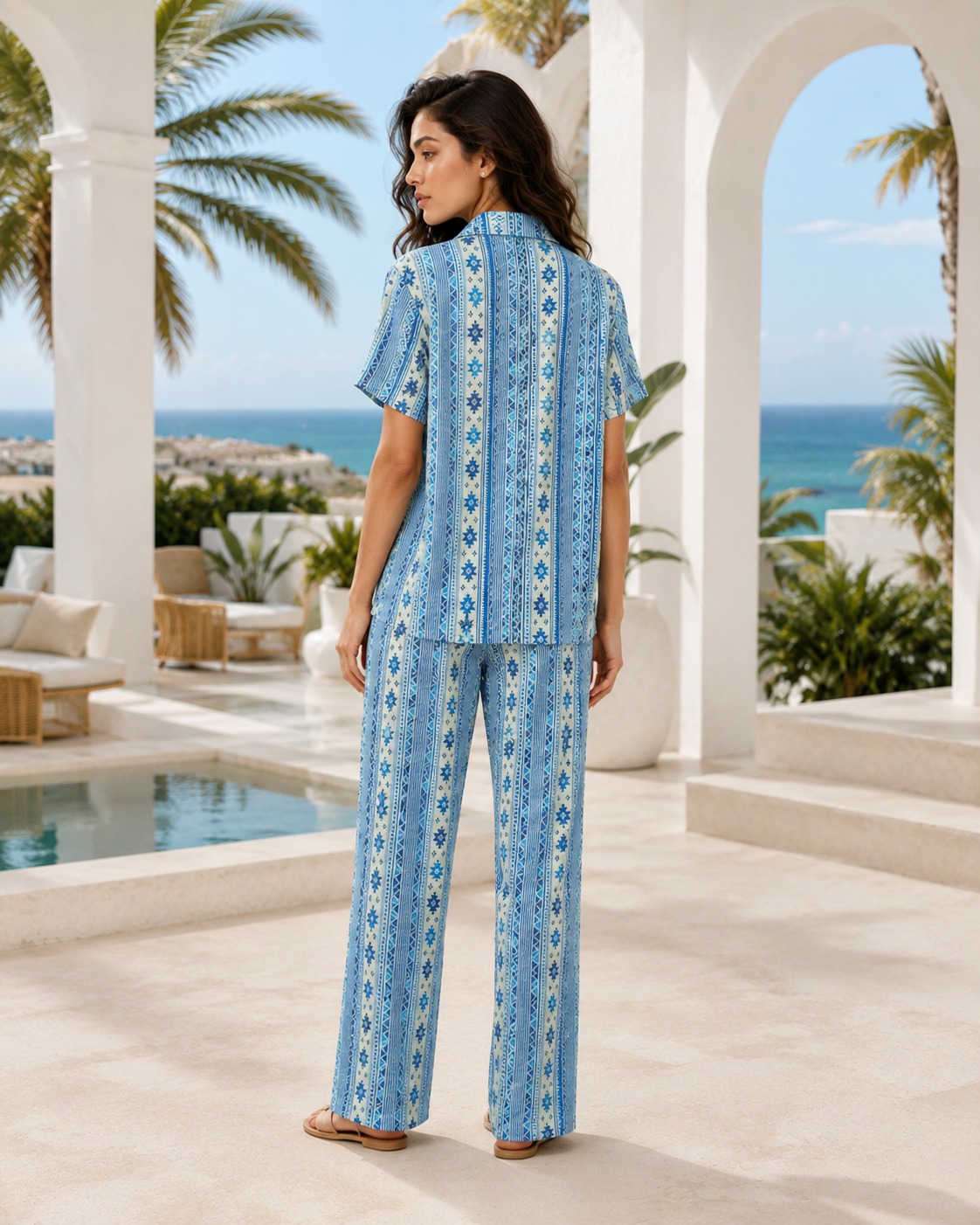 Azure Geo Stripe Cotton Pajama Set