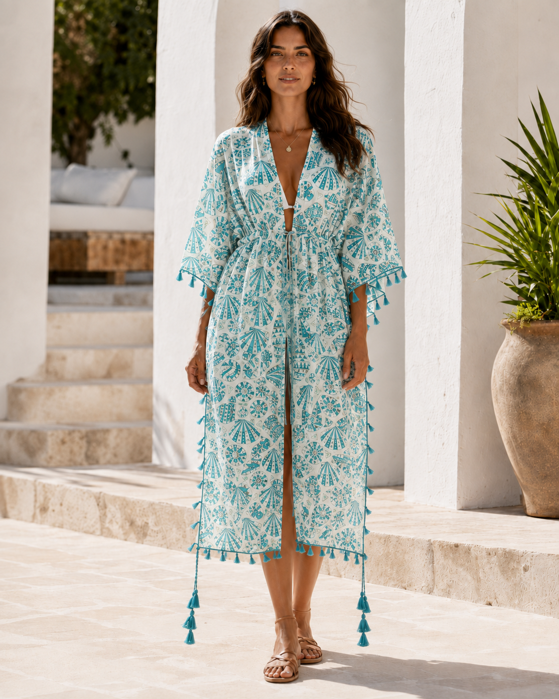 Mediterranean Shell Midi Kimono Cover-Up – Aqua Turquoise