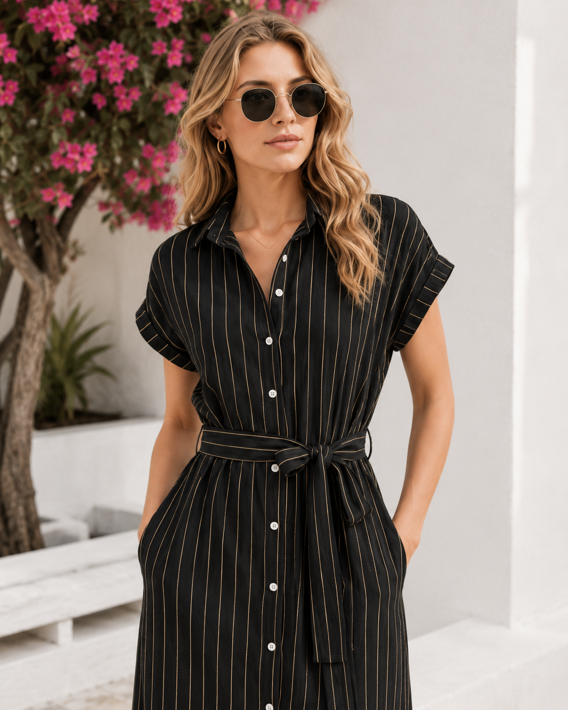 Noir Gold Pinstripe Belted Midi Shirt Dress