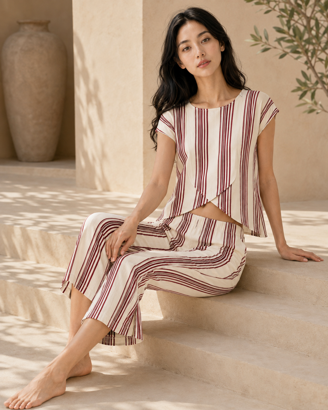 Riviera Burgundy Stripe Cotton Crop Top & Culotte Co-ord Set