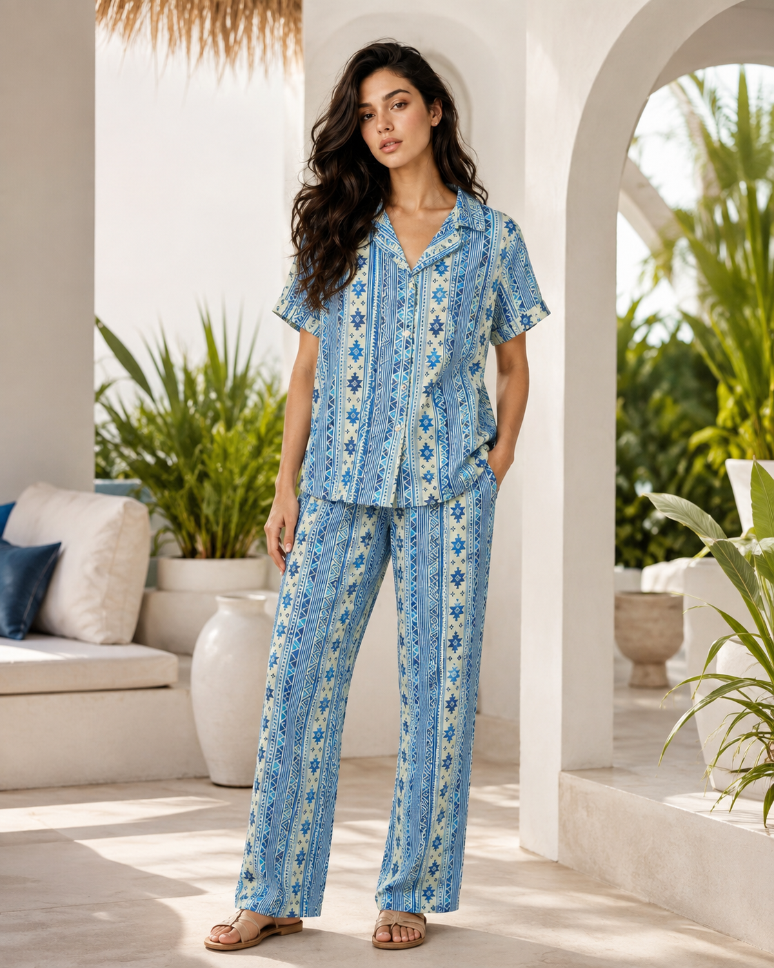 Azure Geo Stripe Cotton Pajama Set