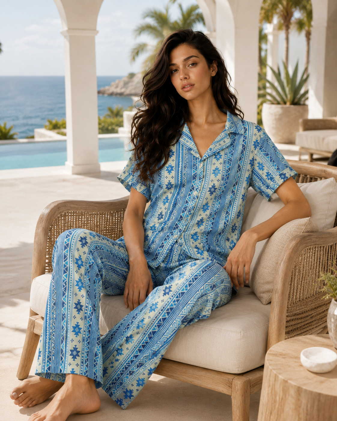 Azure Geo Stripe Cotton Pajama Set