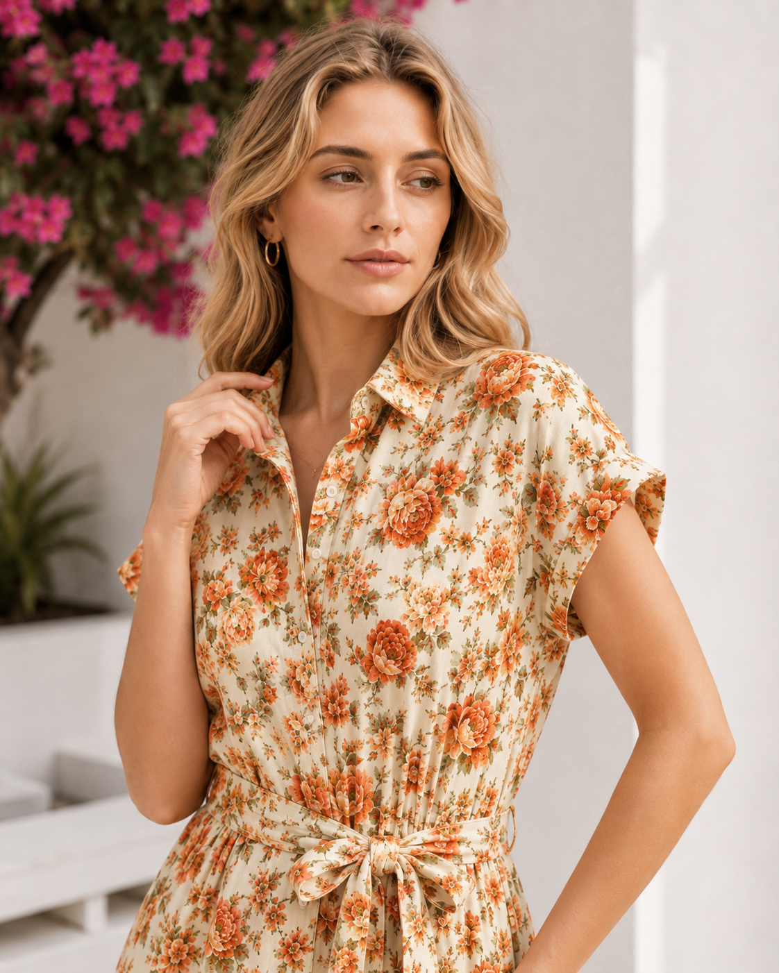 Sunset Rose Floral Belted Midi Shirt Dress