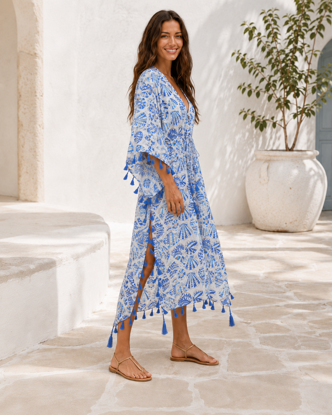 Mediterranean Shell Midi Kimono Cover-Up