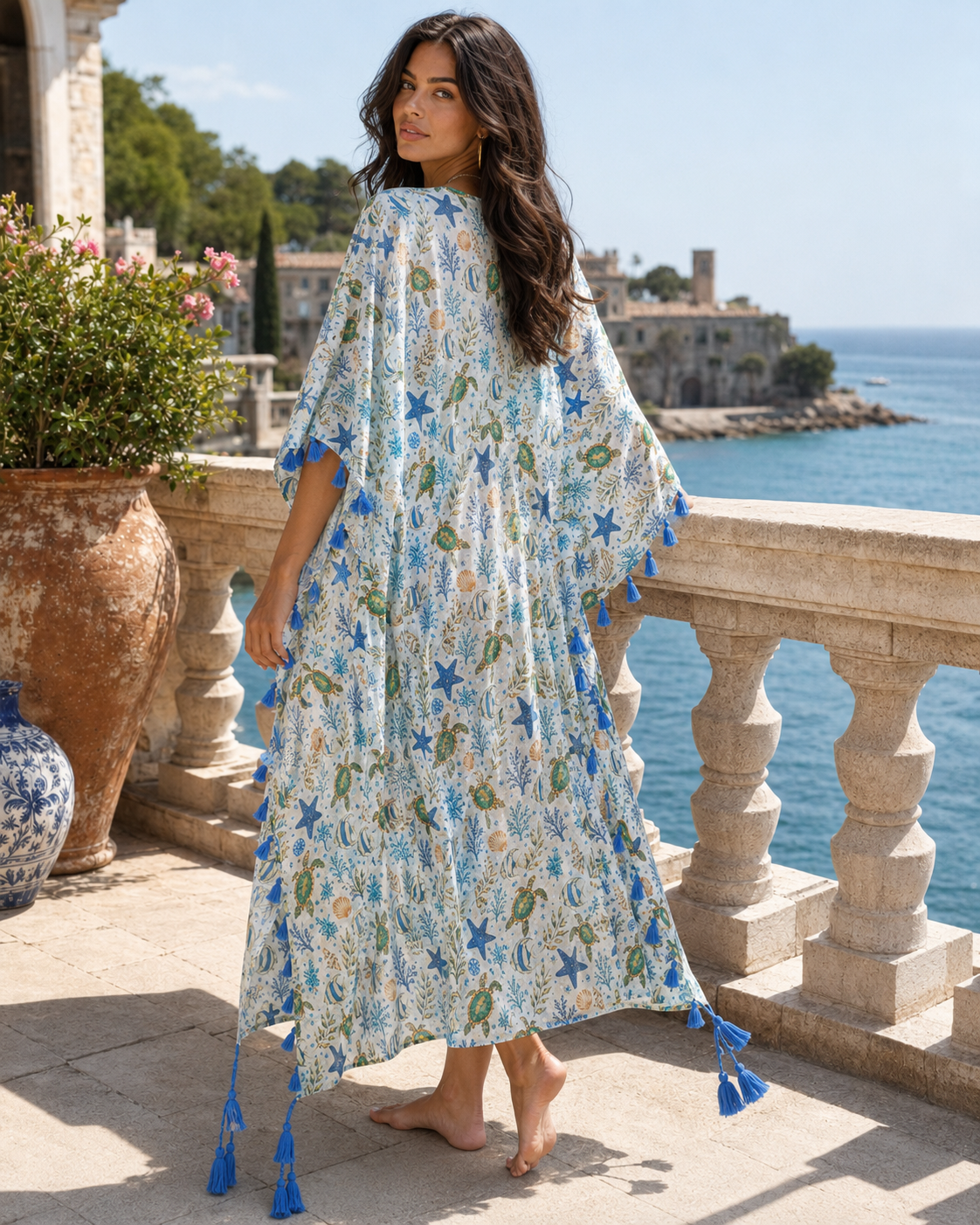 Coastal Turtle Garden Midi Kimono Cover-Up