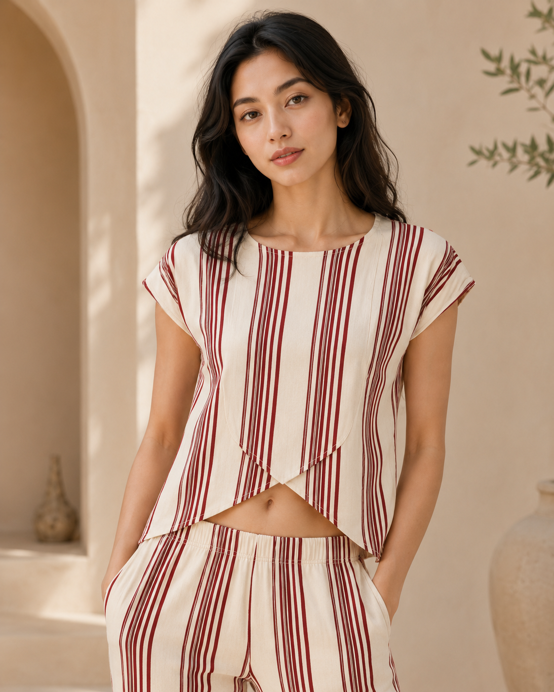Riviera Burgundy Stripe Cotton Crop Top & Culotte Co-ord Set