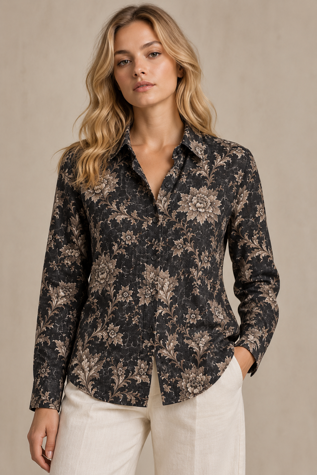 AD°SA 40 Lea Pure Linen Floral Shirt — Black & Beige