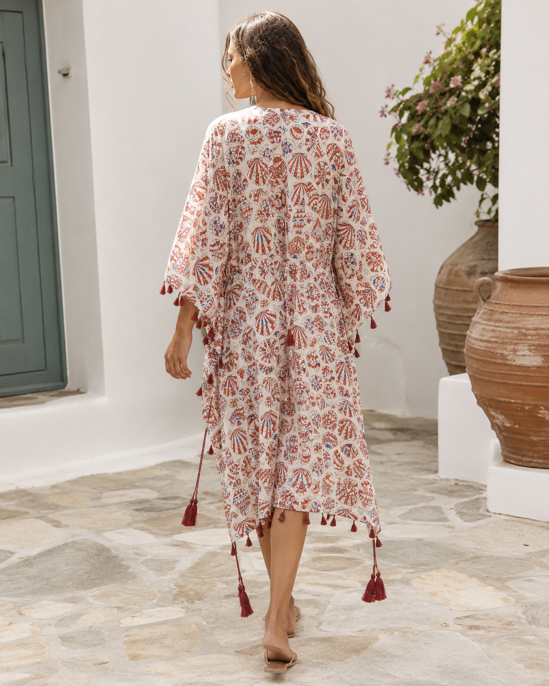 Mediterranean Shell Midi Kimono Cover-Up – Terracotta Combo