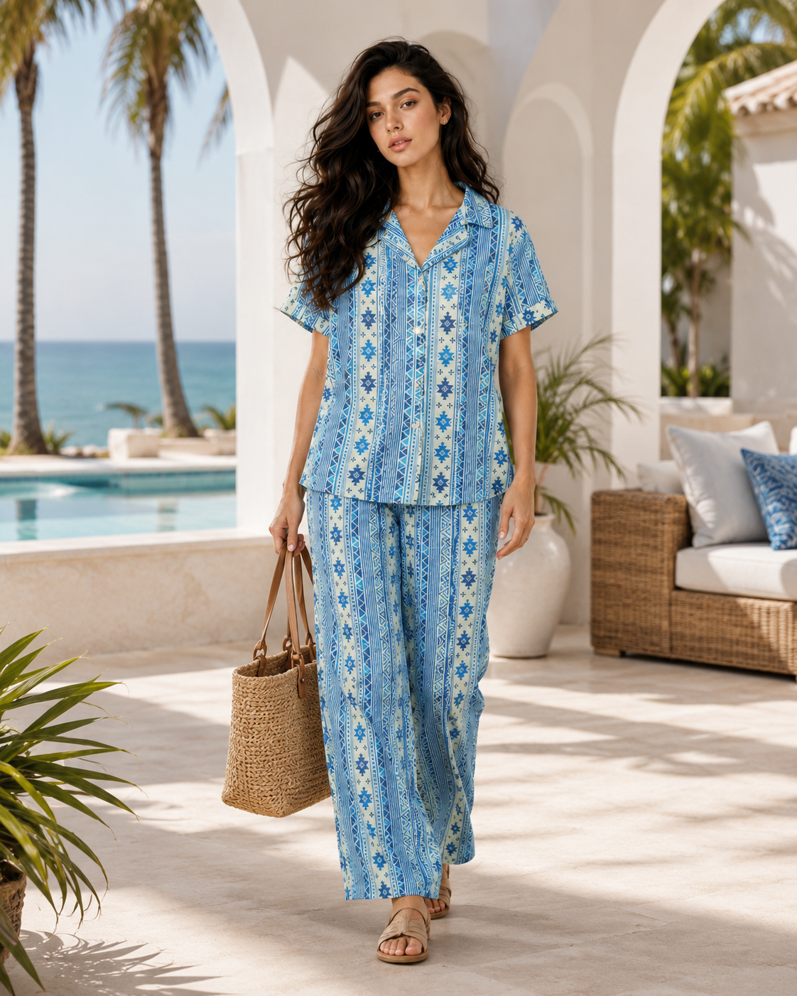 Azure Geo Stripe Cotton Pajama Set